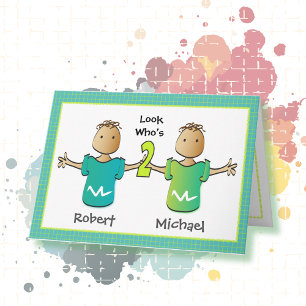 2nd Birthday Ethnic Boy Twins Cartoon Cute  Card