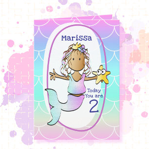 2nd Birthday Ethnic Mermaid Cartoon Adorable Cute  Card