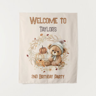 2nd Birthday Fall Bear Welcome Sign Tapestry