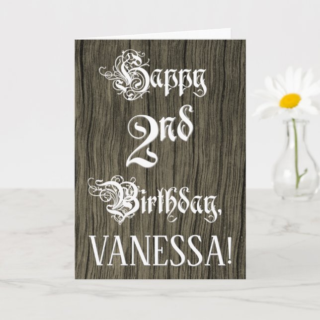2nd Birthday: Fancy, Elegant Text; Faux Wood Look Card (Small Plant)