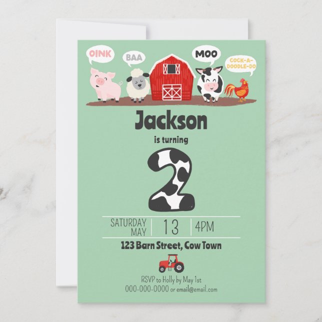 2nd Birthday Farm Animals Oink Baa Moo Kids Invitation (Front)