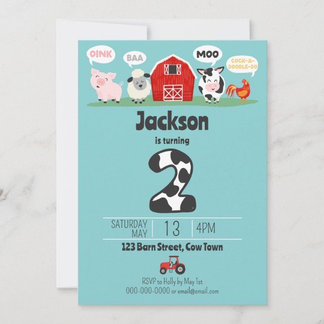 2nd Birthday Farm Animals Oink Baa Moo Kids Invitation (Front)