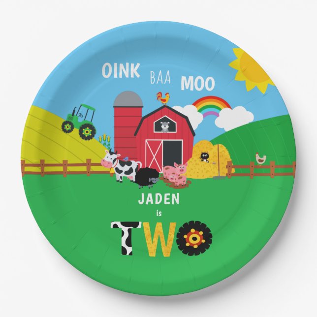 2nd Birthday Farm Barn Animals Oink Baa Moo Paper Plate (Front)
