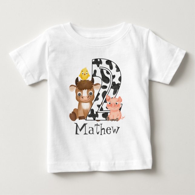 2nd Birthday Farm barnyard animals cow pattern Baby T-Shirt (Front)