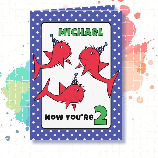 2nd Birthday Fish Cartoon Cute Red Blue Shark Card (Creator Uploaded)