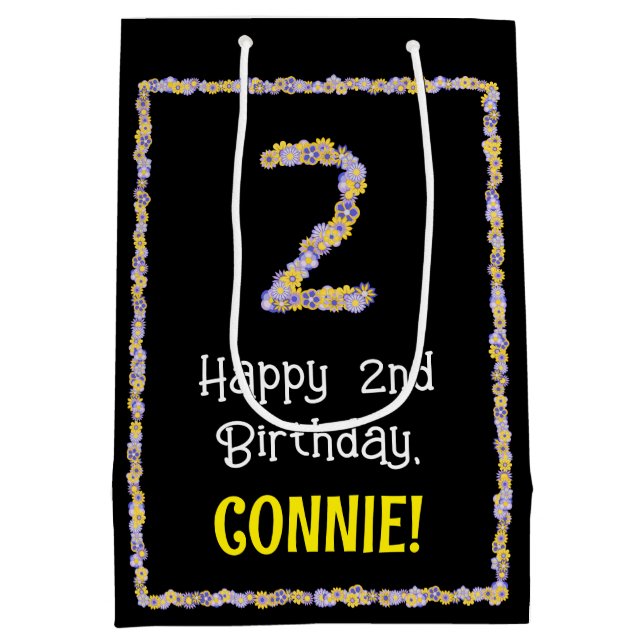 2nd Birthday: Floral Flowers Number, Custom Name Medium Gift Bag (Back)