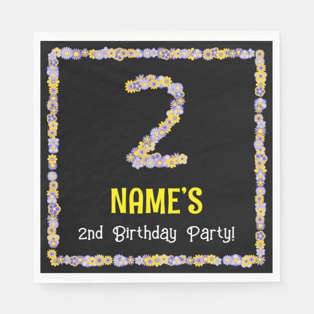 2nd Birthday: Floral Flowers Number, Custom Name Napkin (Front)