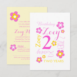 2nd birthday flower graphic yellow pink surprise invitation