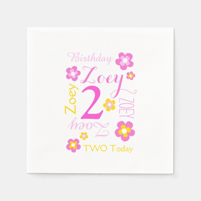 2nd birthday flower named graphic yellow pink napkin (Front)