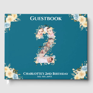 2nd Birthday Flower Teal Photo Collage Blue Yellow Guest Book