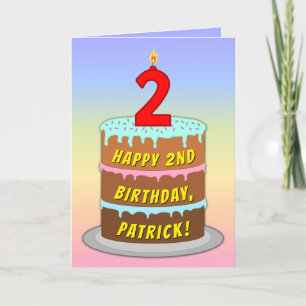 2nd Birthday — Fun Cake & Candle, With Custom Name Card