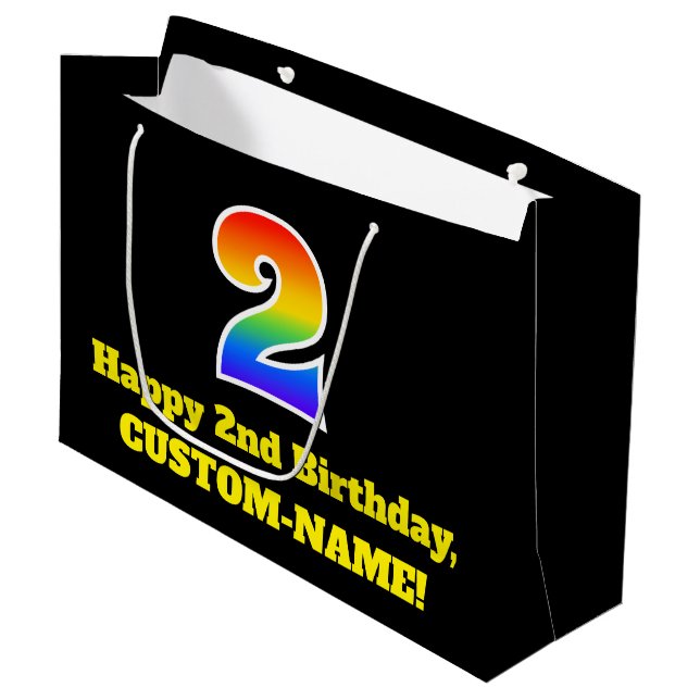 2nd Birthday ~ Fun, Colourful, Vibrant, Rainbow 2 Large Gift Bag (Front Angled)