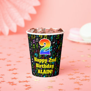 2nd Birthday: Fun Music Notes Pattern, Rainbow 2 Paper Cups
