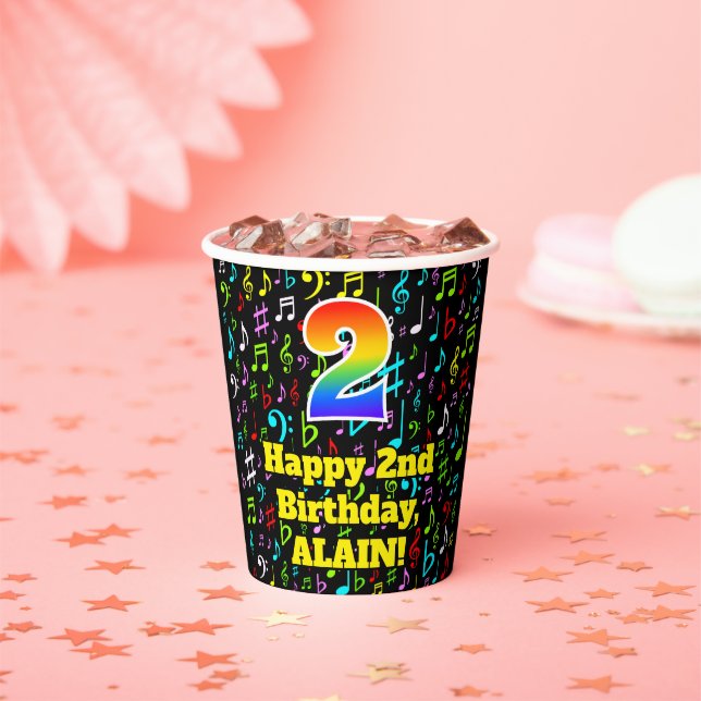 2nd Birthday: Fun Music Notes Pattern, Rainbow 2 Paper Cups (Insitu)