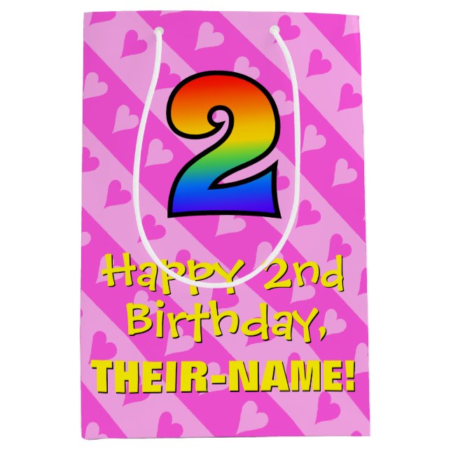 2nd Birthday: Fun Pink Hearts Stripes & Rainbow 2 Medium Gift Bag (Front)