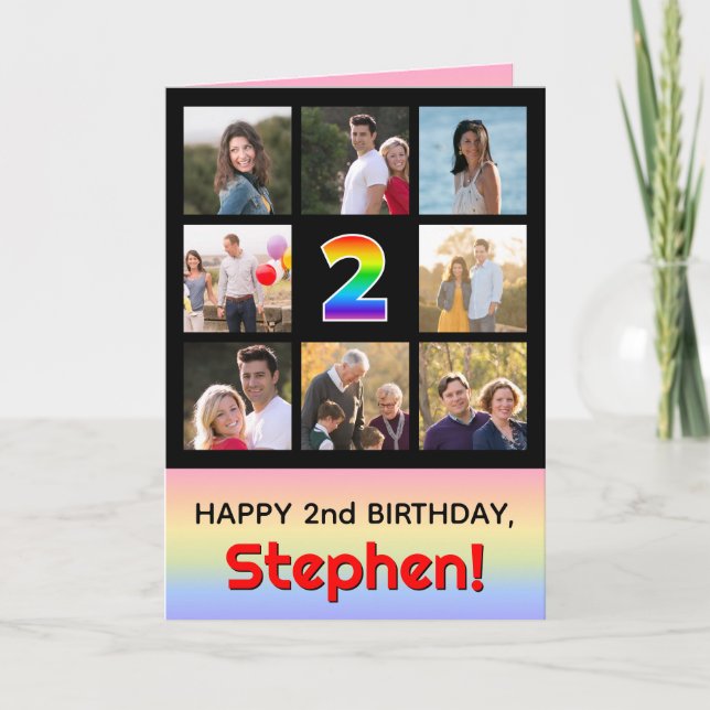 2nd Birthday: Fun Rainbow #, Custom Photos + Name Card (Front)