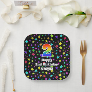 2nd Birthday: Fun Stars Pattern and Rainbow “2” Paper Plate