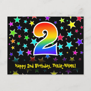 2nd Birthday: Fun Stars Pattern, Rainbow 2, Name Postcard