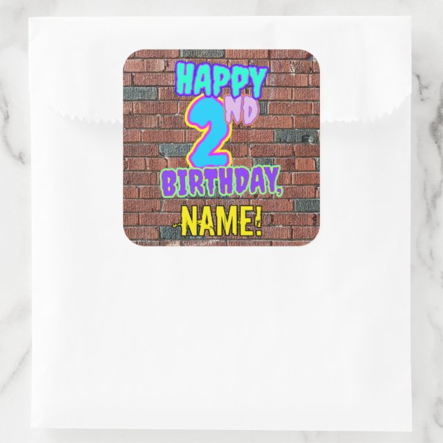 2nd Birthday – Fun, Urban Graffiti Inspired Look Square Sticker (Bag)