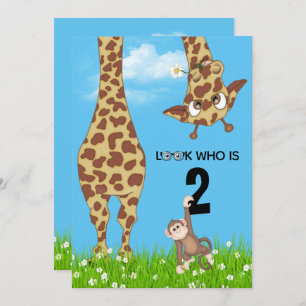 2nd Birthday Giraffe and Monkey in Grass   Invitation