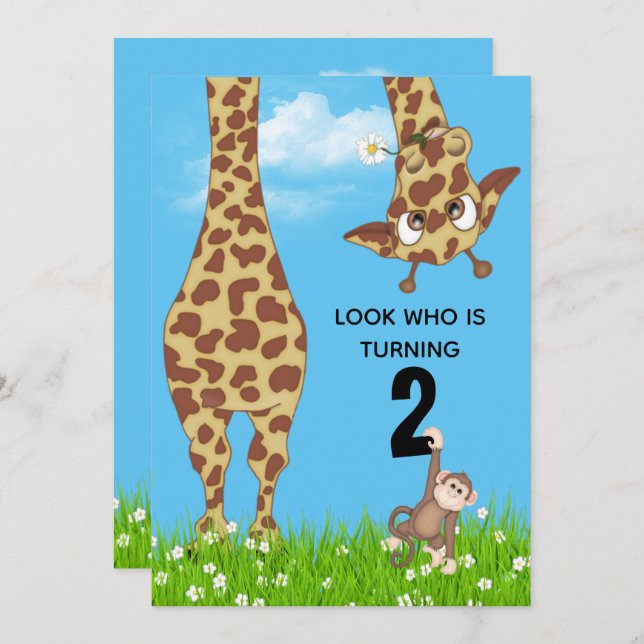 2nd Birthday Giraffe in Grass Invitation (Front/Back)