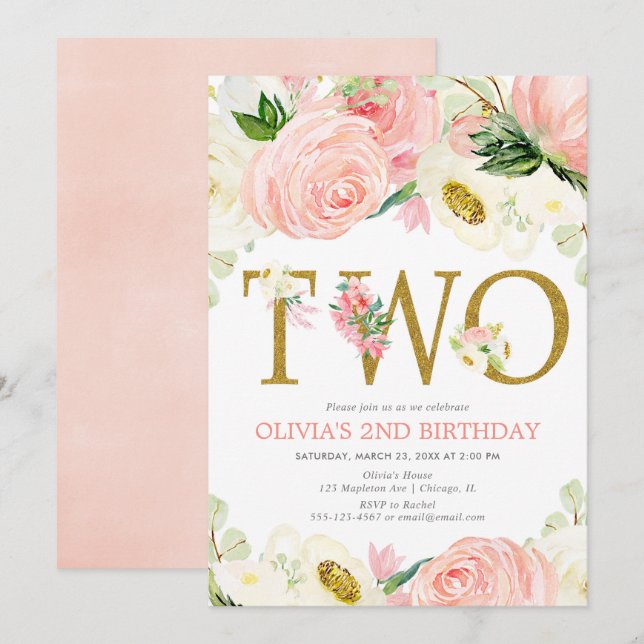 2nd birthday girl, blush pink gold floral elegant invitation (Front/Back)