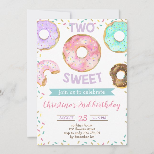 2nd Birthday Girl Doughnut Themed Two Sweet Cute Invitation (Front)