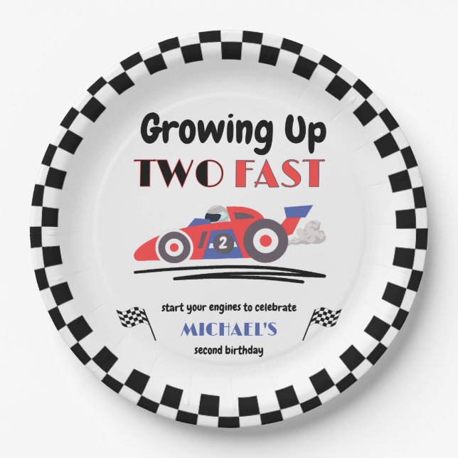 2nd Birthday Growing Up Two Fast Red Blue Race Car Paper Plate (Front)