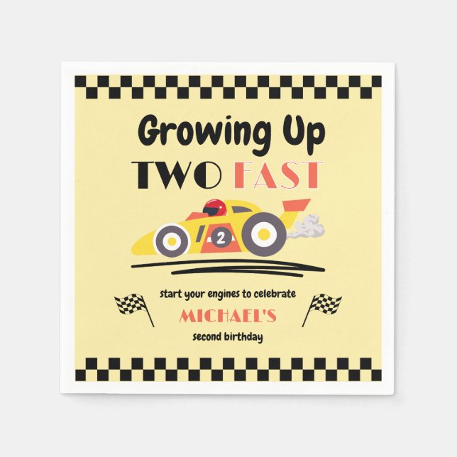2nd Birthday Growing Up Two Fast Yellow Race Car Napkin (Front)