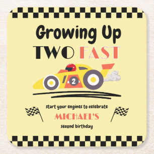2nd Birthday Growing Up Two Fast Yellow Race Car Square Paper Coaster