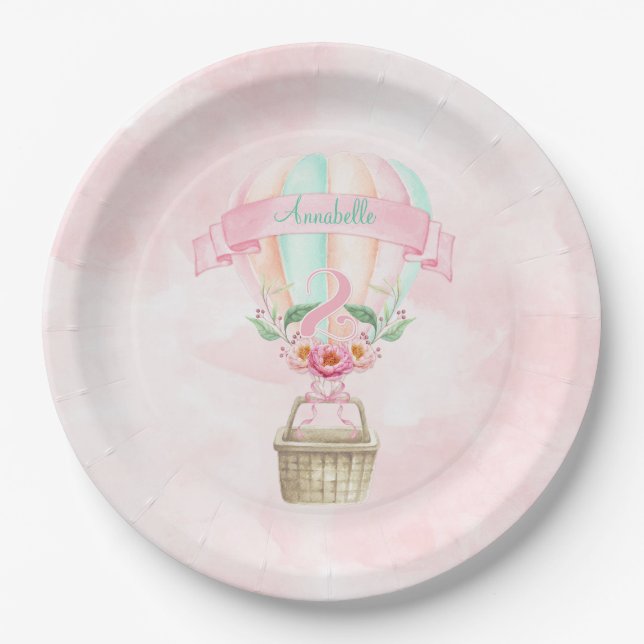 2nd Birthday Hot Air Balloon Mint Pink Peach Paper Plate (Front)
