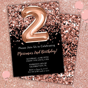 2nd Birthday Invitation Black Rose Gold Glitter