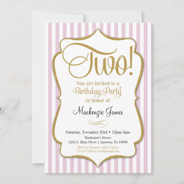 2nd Birthday Invitation Girls Two Years Pink Gold (Front)