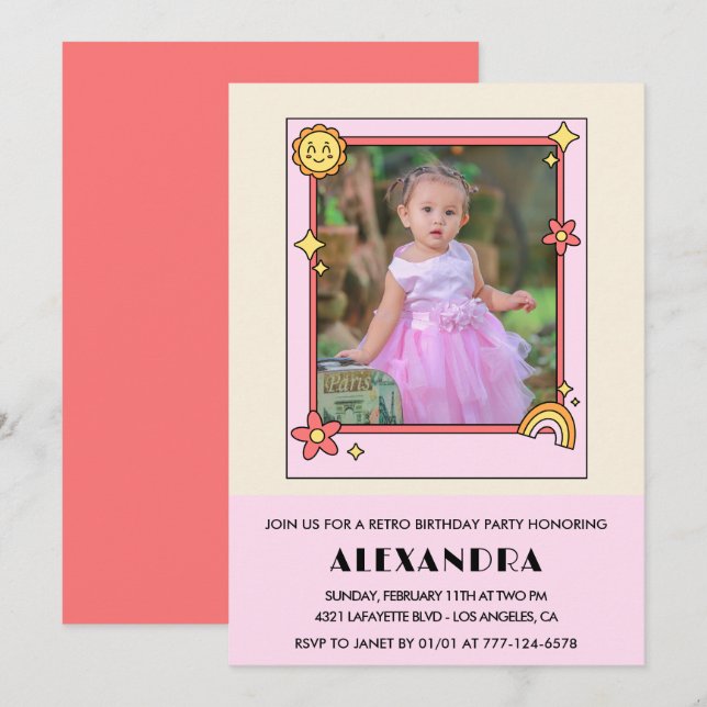 2nd birthday invitation Retro Groovy Pink Floral (Front/Back)