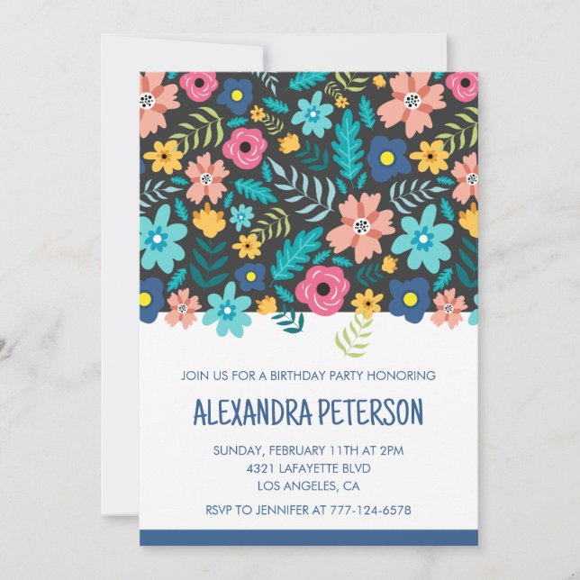 2nd birthday invitations Floral Pattern Blue (Front)