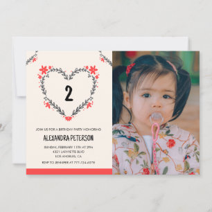 2nd birthday invitations for her Floral Heart