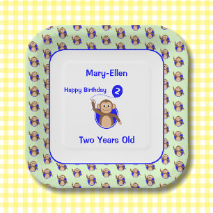 2nd birthday monkey blue balloon paper plate
