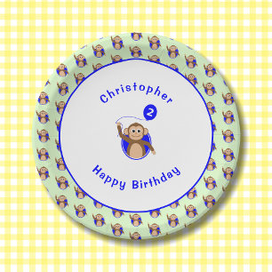 2nd birthday monkey blue green pattern paper plate