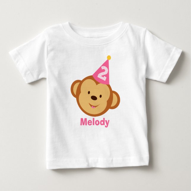 2nd Birthday Monkey Girl with Personalised Name Baby T-Shirt (Front)