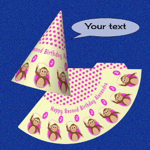 2nd birthday monkey kids pink cream party hat