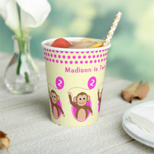 2nd birthday monkey pink balloon paper cups