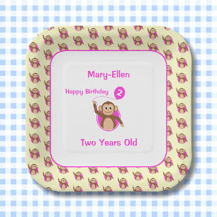 2nd birthday monkey pink balloon paper plate