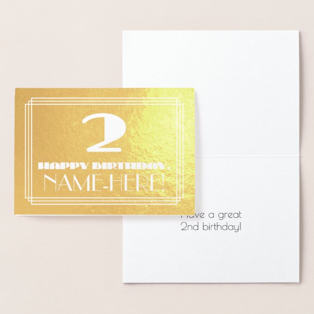 2nd Birthday: Name + Art Deco Inspired Look "2" Foil Card (Display)