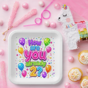 2nd Birthday Neon Party Balloons and Confetti Paper Plate