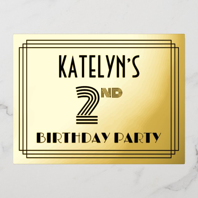 2nd Birthday Party ~ Art Deco Style “2” + Name Foil Invitation Postcard (Front)