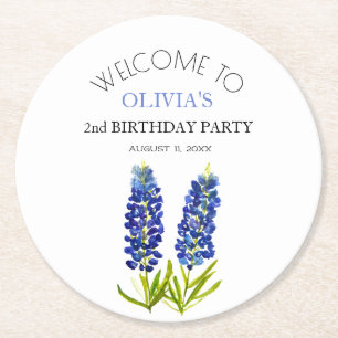 2nd Birthday Party Bluebonnets Flowers Baby Girl Round Paper Coaster