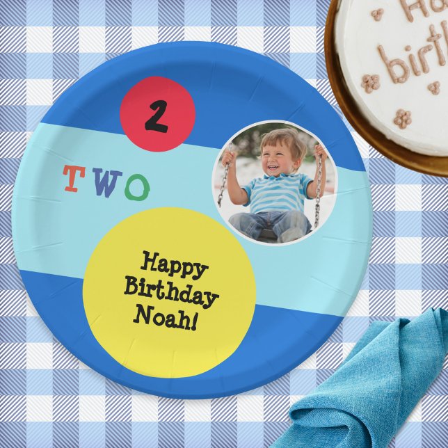 2nd Birthday Party Custom Photo Colourful Bright Paper Plate (A colorful paper plate for a 2nd birthday party. Personalize with your own message and photo)