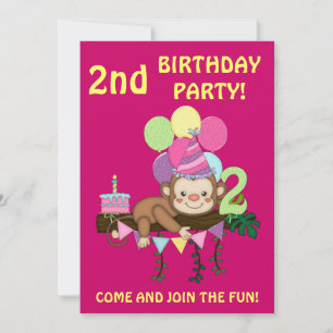2nd Birthday Party-Cute Monkey+Colourful Balloons Invitation