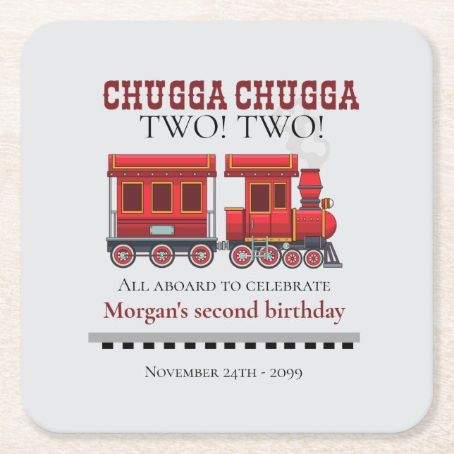 2nd Birthday Party Cute Red Western Train Square Paper Coaster (Front)