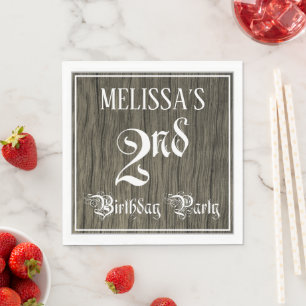 2nd Birthday Party — Fancy Script, Faux Wood Look Napkin